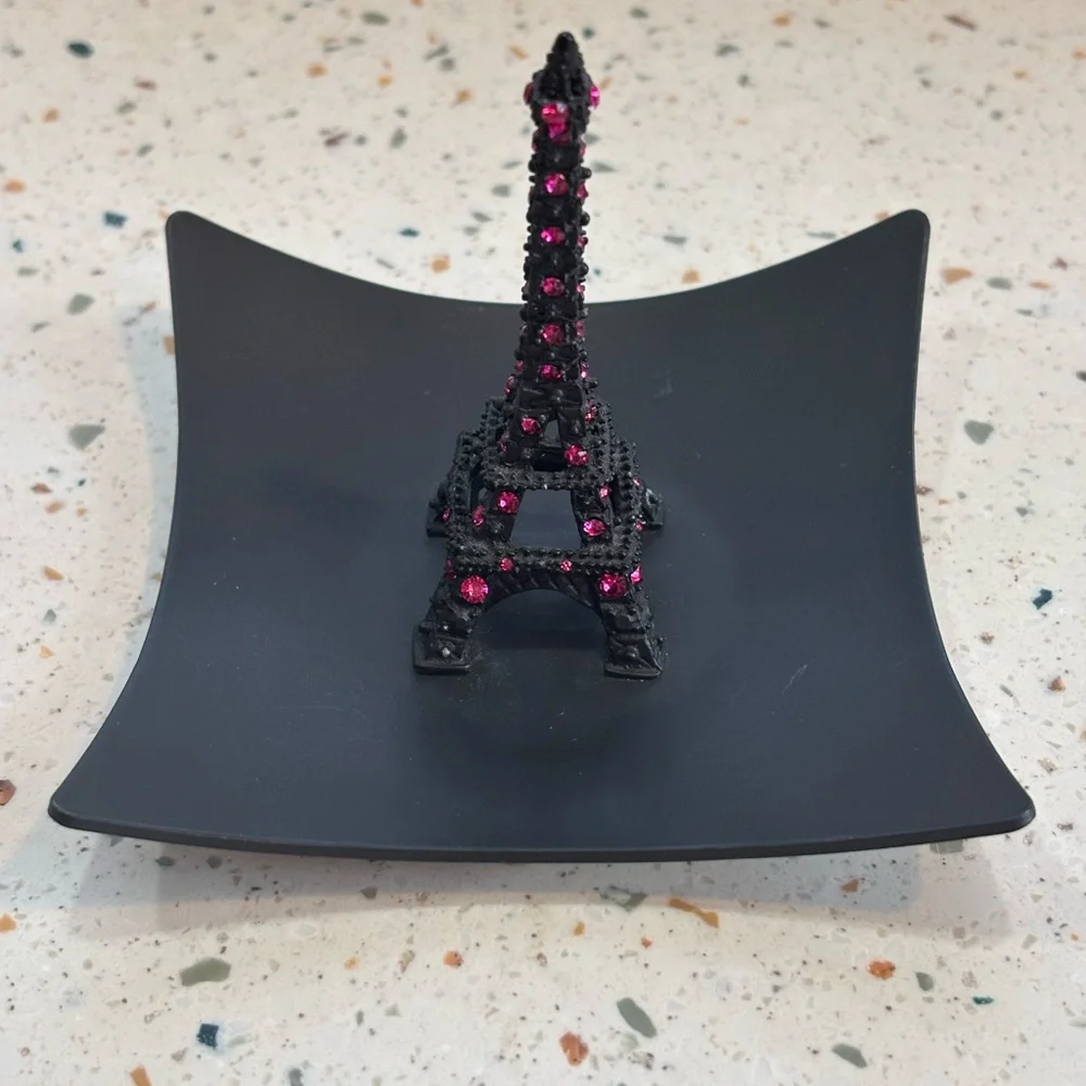 Black Eiffel Tower Trinket Dish with Pink Rhinestones‎ Ring Holder